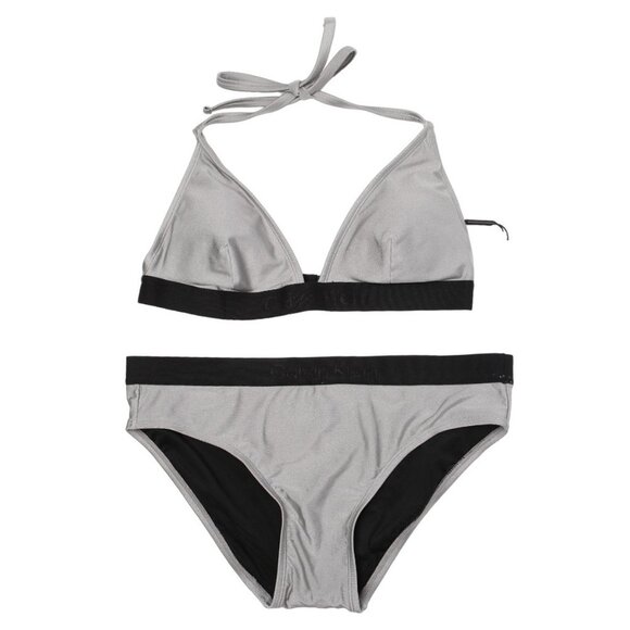 CALVIN KLEIN Swimsuit 2-Piece Logo Bikini Set Platinium Silver Triangle Halter L - Picture 13 of 13